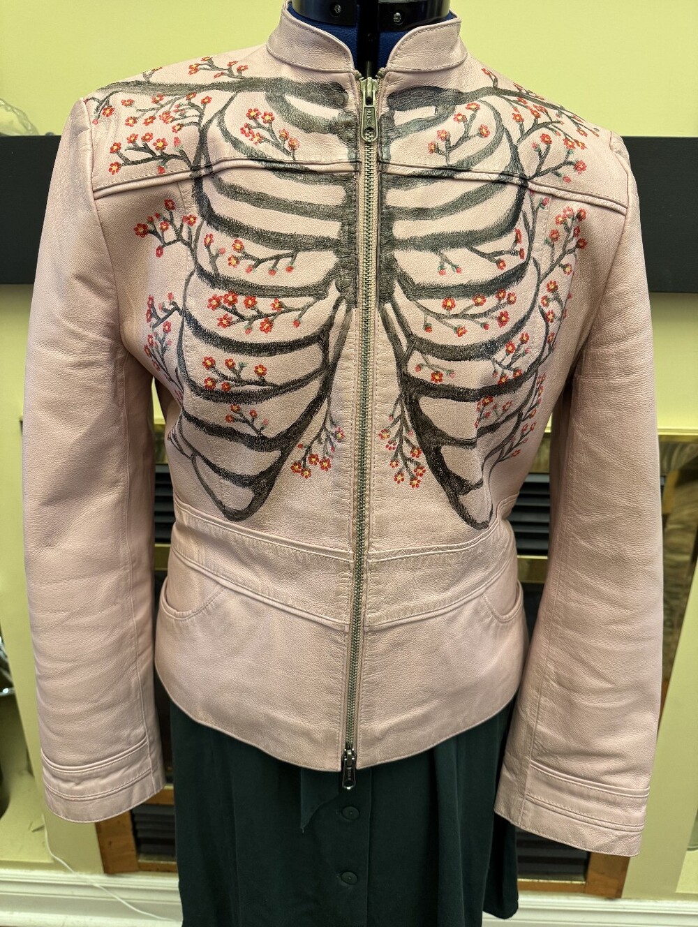 B By Bernardo Pink Leather Moto Jacket Custom Hand Painted Ribcage Cherryblossom